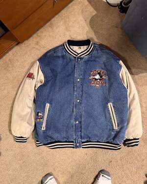 Vintage 90s Mickey Mouse 1928 Tried & True Denim Varsity Bomber Jacket XL